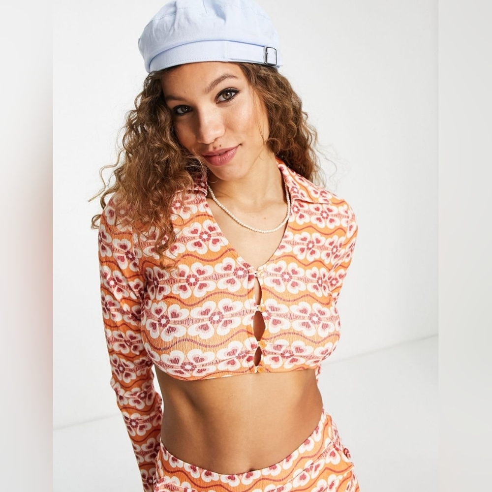Reclaimed Vintage Orange and White Long Sleeve Crop Polo